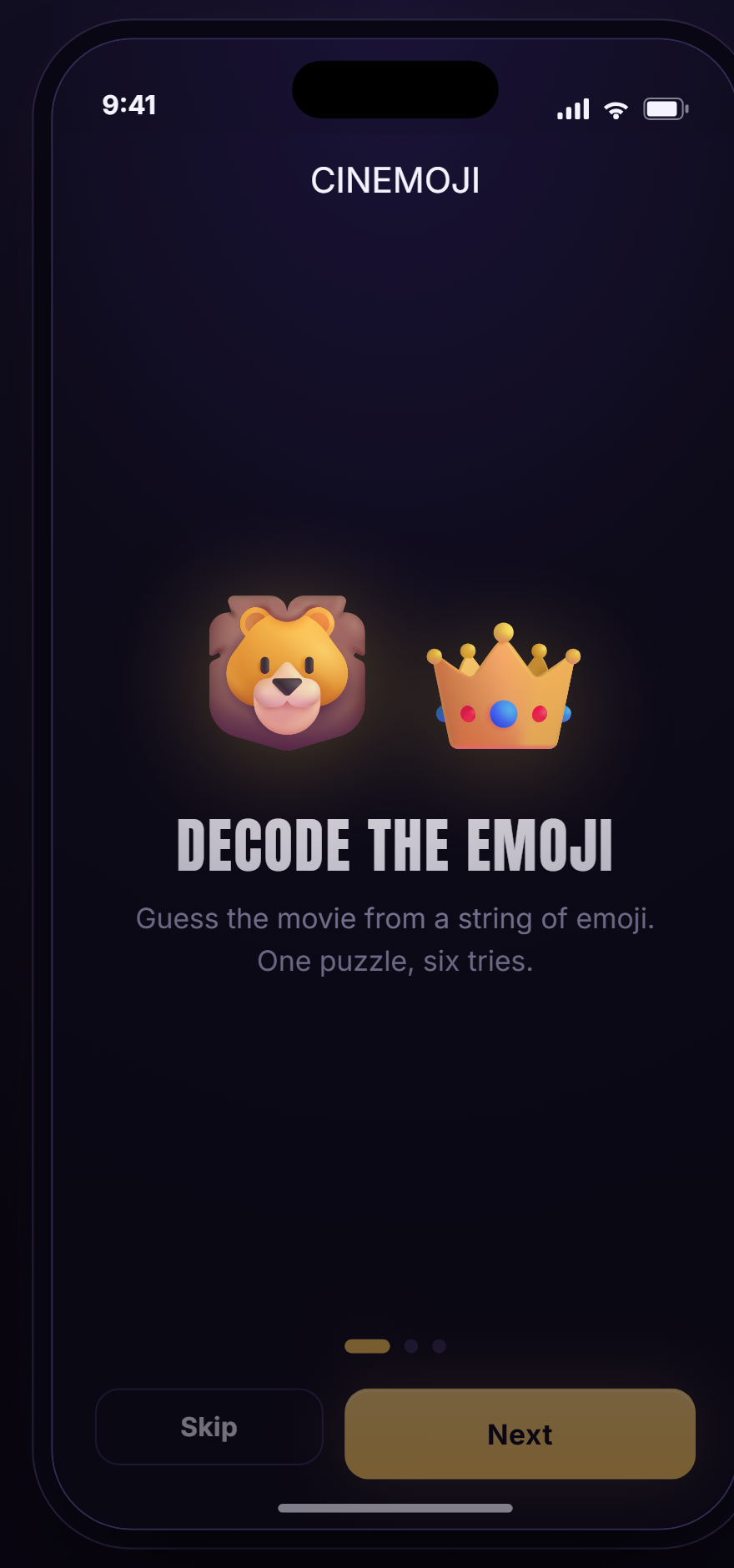 Cinemoji onboarding: guess the movie from a string of emoji.