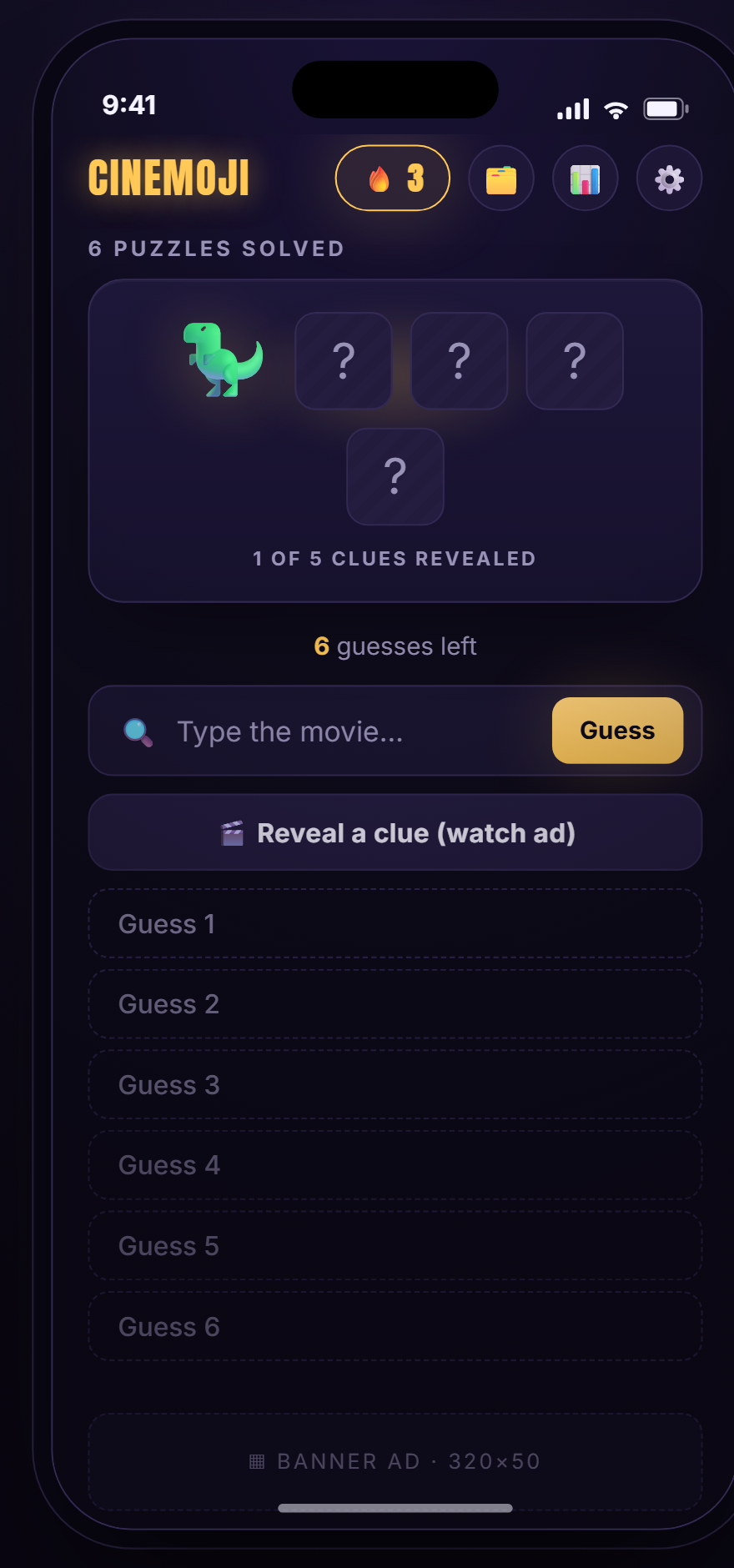Cinemoji gameplay: decode the emoji clue and guess the movie in six tries.